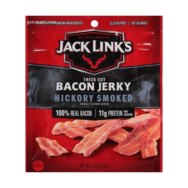 Jack Link’s Bacon Jerky, Hickory Smoked – Flavorful Ready to Eat Meat Snack with 11g of Protein per Serving, Made with 100% Thick Cut Real Bacon, Protein Snack, Keto Friendly, 2.5 oz. (Pack of 4)