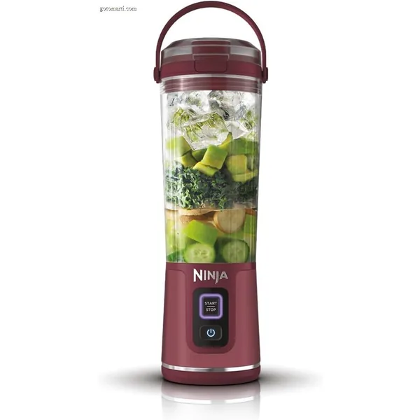 Ninja Blast Portable Blender. 30-second blend. BlastBlade(TM) Assembly. Crushes Ice. under 800g. Sip Lid. BPA Free. Re-chargeable Base. USB-C Charging Cord. 470ML. Ninja BC151SMCR. Cranberry Red