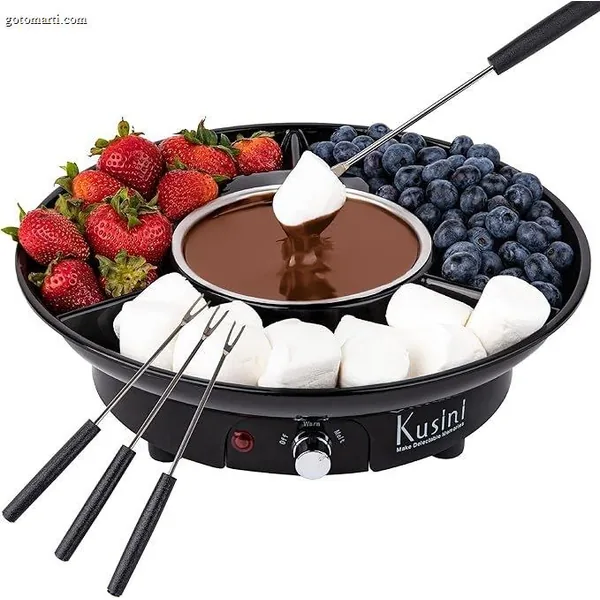 Kusini Electric Fondue Pot Set – Chocolate and Cheese Fondue – Temperature Control, Detachable Serving Trays, & 4 Roasting Forks – Gift Set & Date Night Idea. Serve at Movie Night or Game Night.